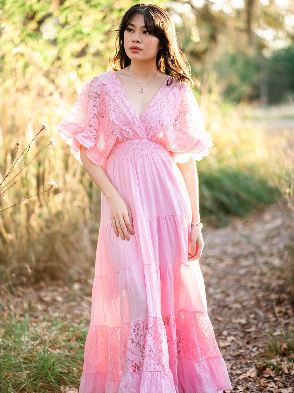 Bohemian Hippie Festival Light Pink Summer Maxi Dress Cotton Gauze Lace Sz L